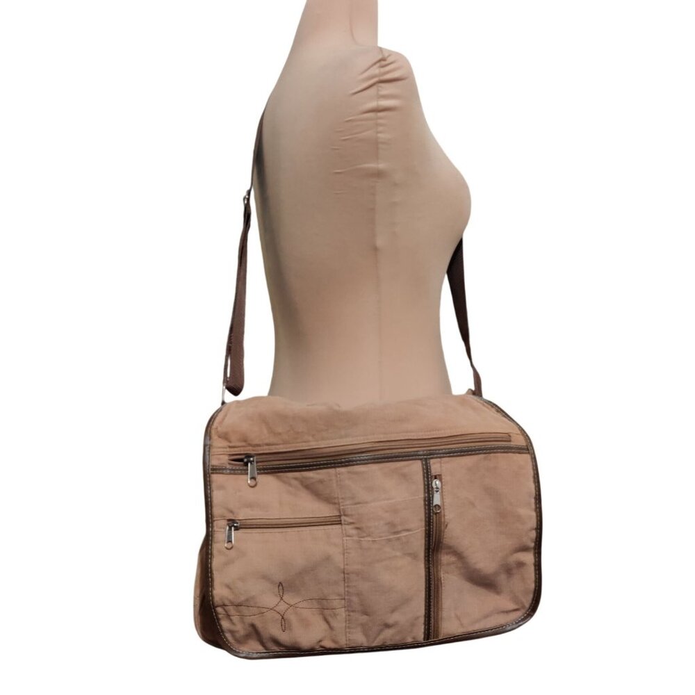 Tan Corduroy Utility Messenger Bag Multi Pocket Crossbody Campus Work Tote Y2K